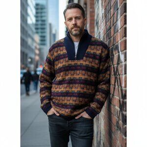 TUMI Men's Alpaca Peru Navy Zip High Collar Neck Sweater Size Large EUC